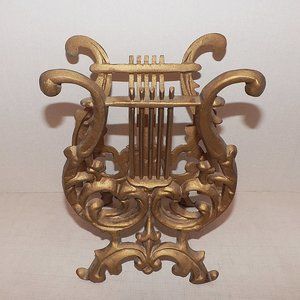 Vintage Cast Metal Lyre Harp Music Book Magazine Stand-Gold